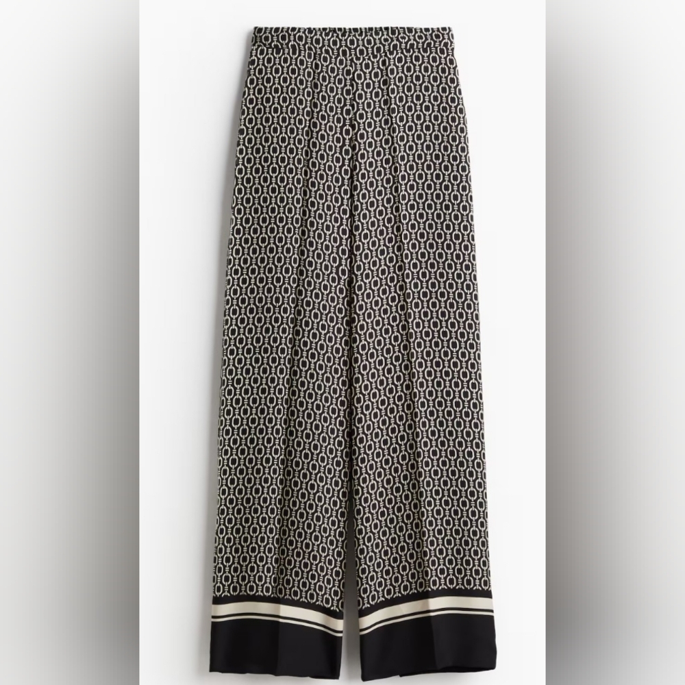H&M Black and Cream Patterned Wide Leg Pants